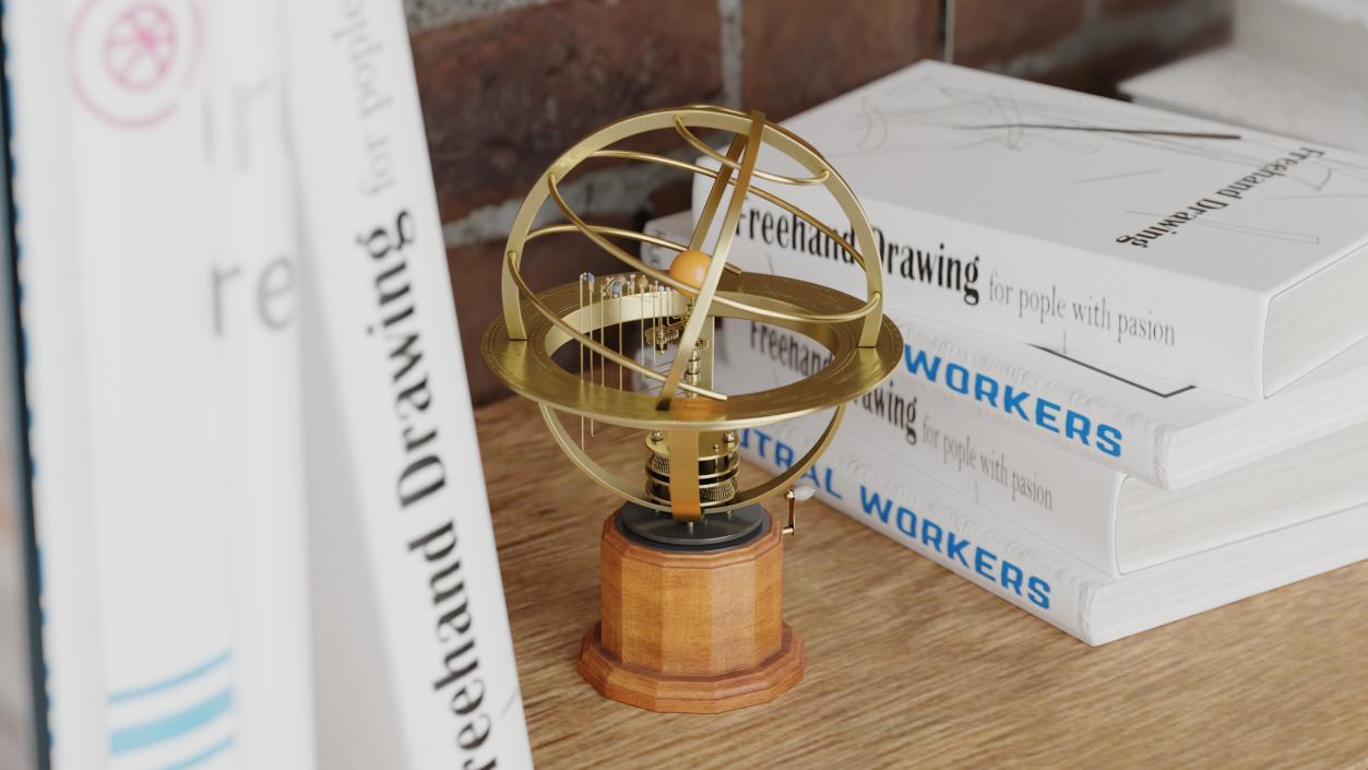 3D Retro Mechanical Solar System Orrery with Wooden Base model