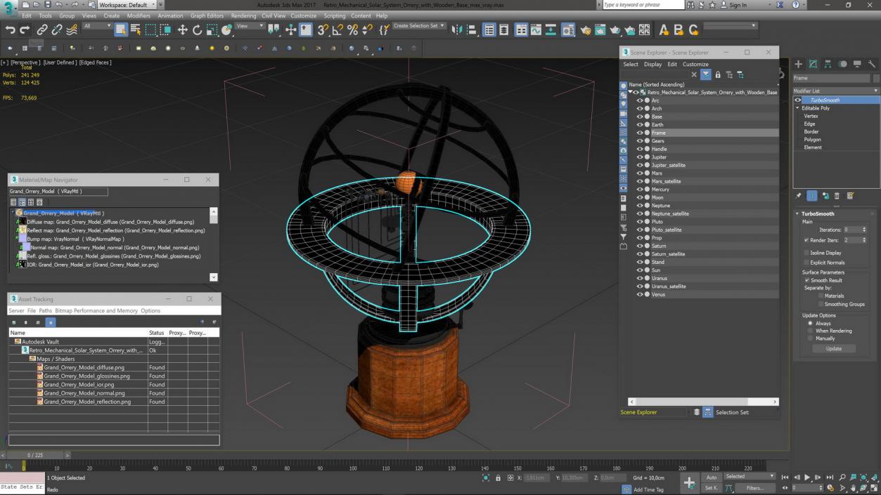 3D Retro Mechanical Solar System Orrery with Wooden Base model