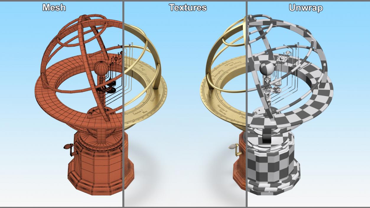 3D Retro Mechanical Solar System Orrery with Wooden Base model