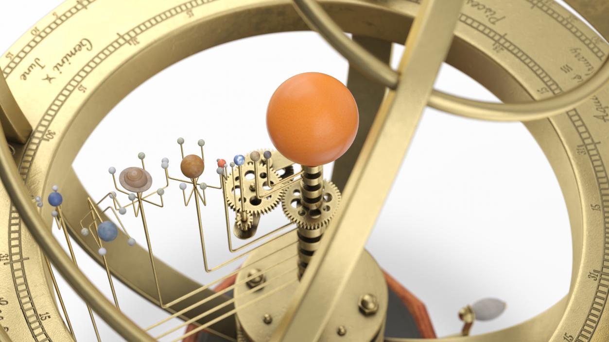 3D Retro Mechanical Solar System Orrery with Wooden Base model