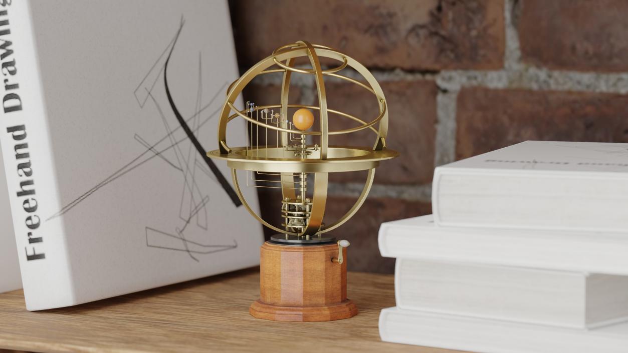 3D Retro Mechanical Solar System Orrery with Wooden Base model