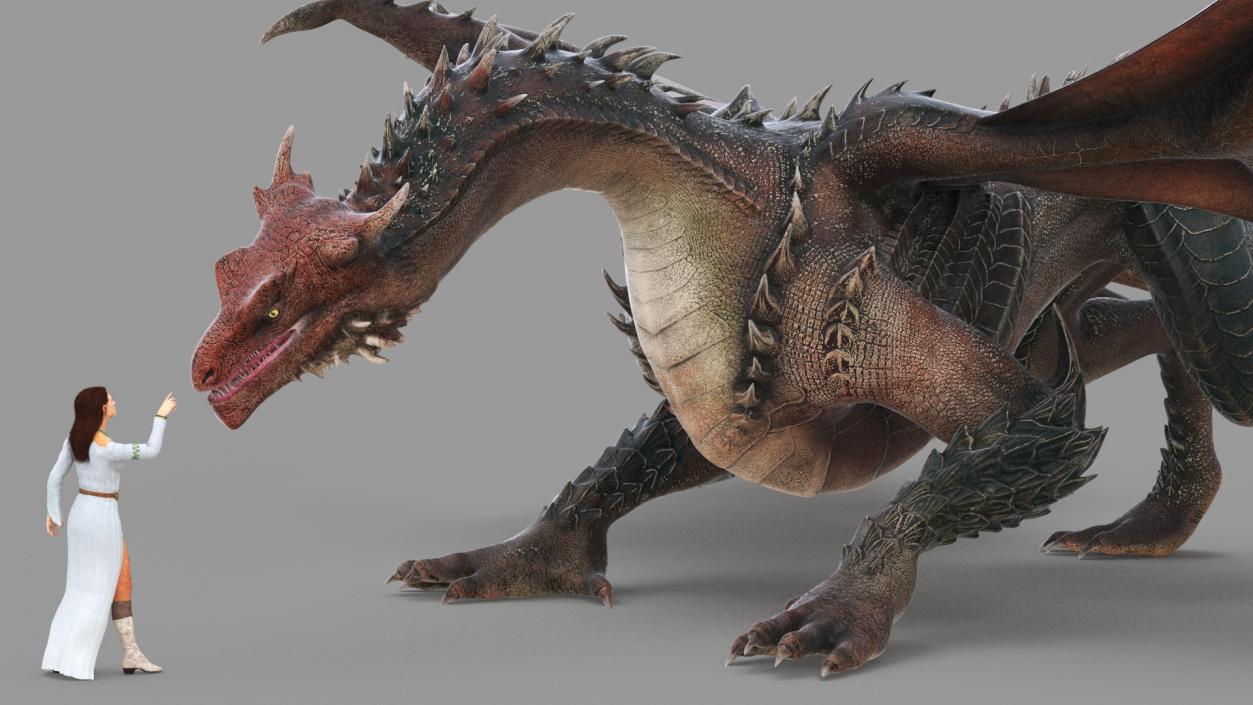 3D Fantasy Dragon and Female Elf Encounter with Fur model