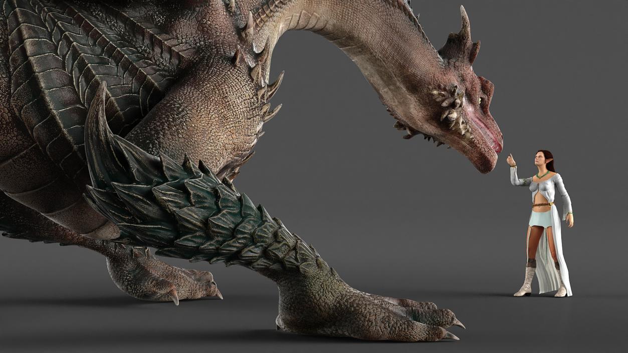 3D Fantasy Dragon and Female Elf Encounter with Fur model