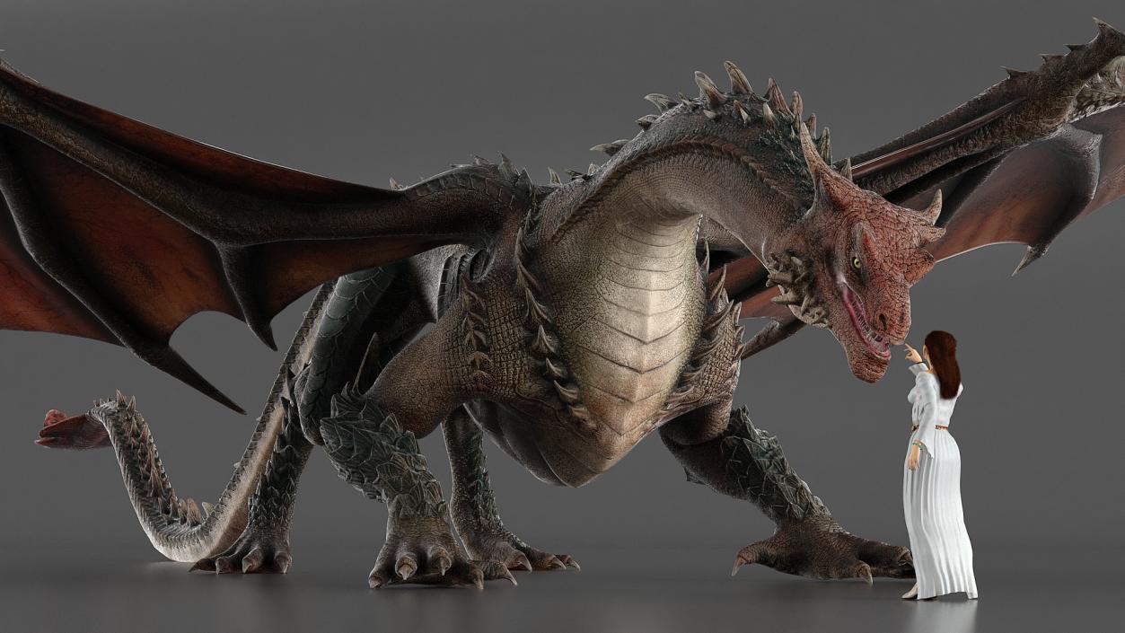 3D Fantasy Dragon and Female Elf Encounter with Fur model