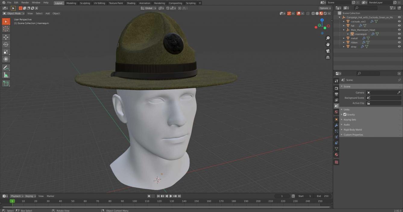 Campaign Hat with Cockade Green on Mannequin 3D model