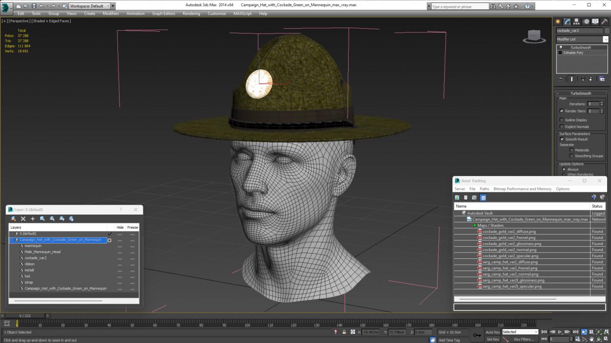 Campaign Hat with Cockade Green on Mannequin 3D model