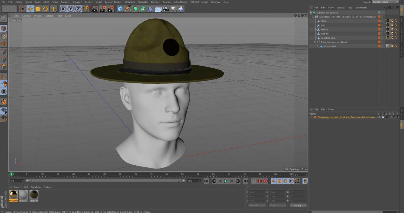 Campaign Hat with Cockade Green on Mannequin 3D model