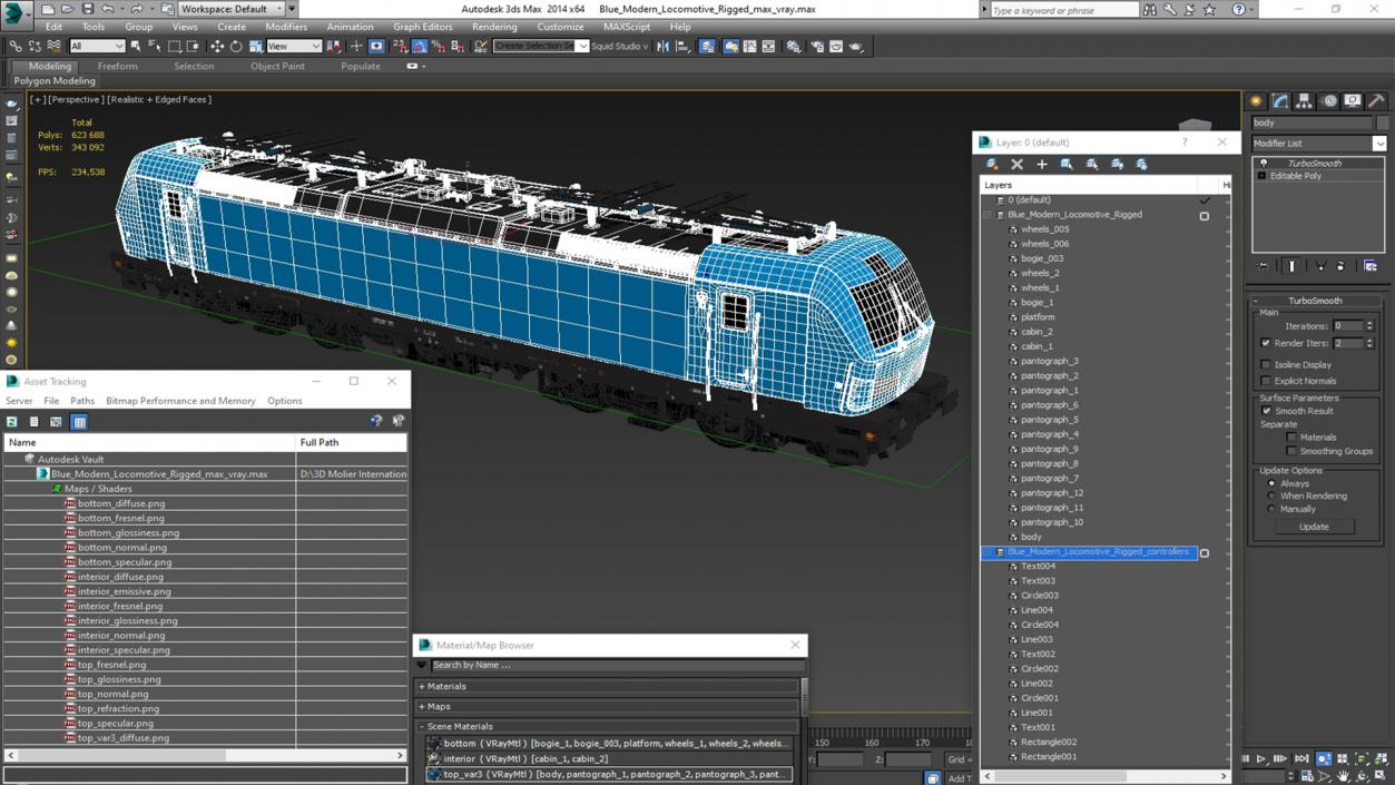 Blue Modern Locomotive Rigged 3D model