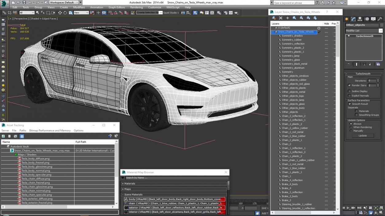 Snow Chains on Tesla Wheels 3D