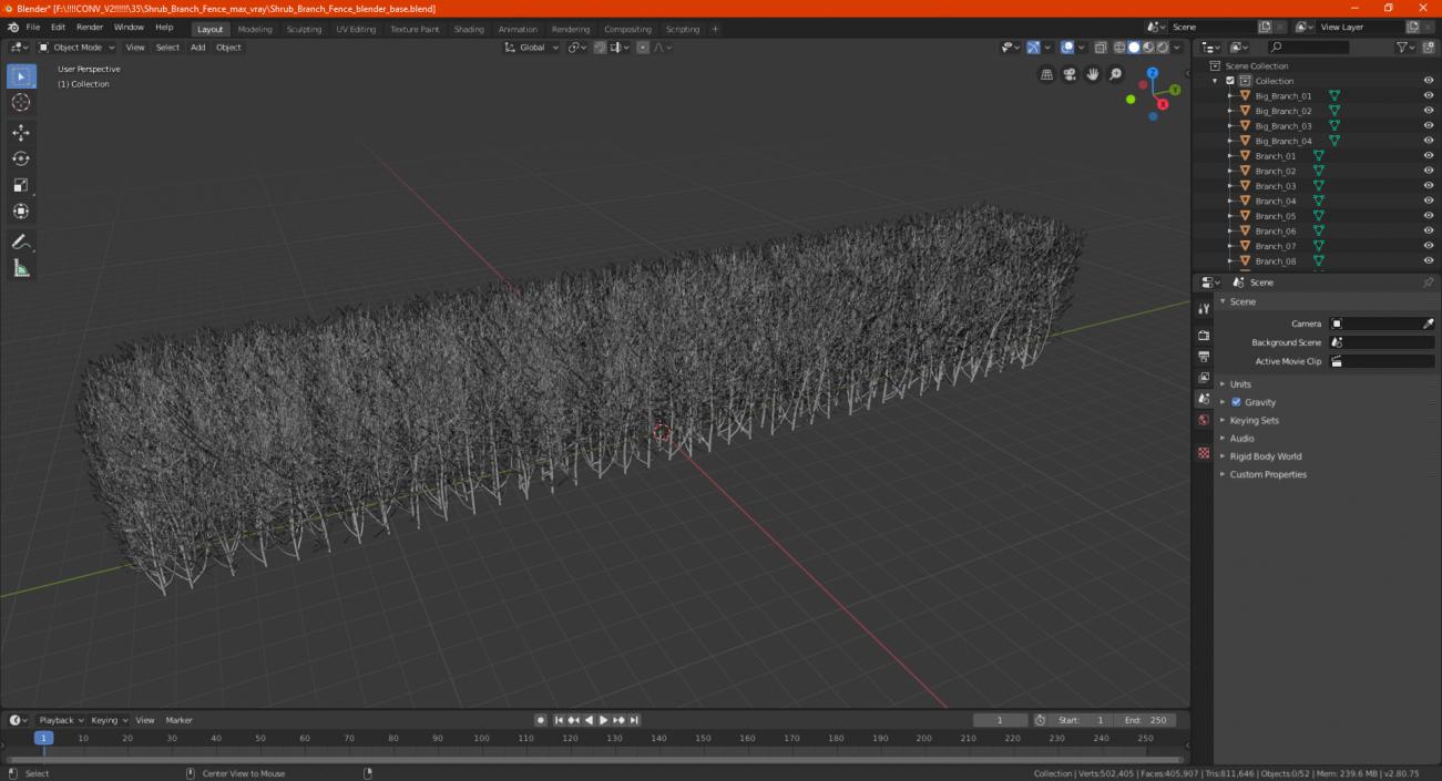 3D Shrub Branch Fence model