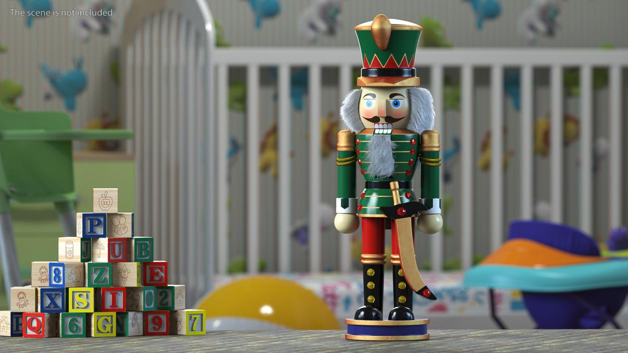 Wooden Nutcracker Green Fur 3D