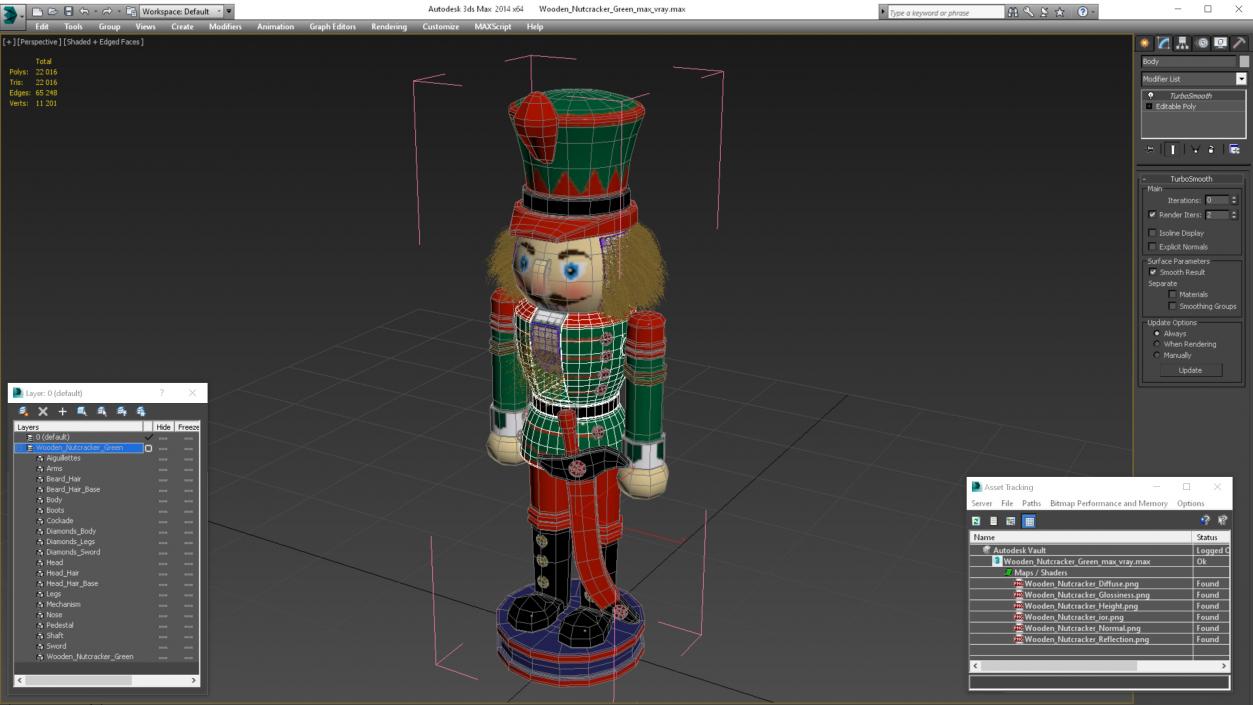 Wooden Nutcracker Green Fur 3D