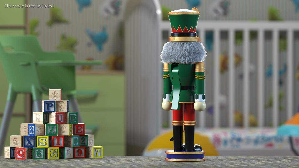 Wooden Nutcracker Green Fur 3D