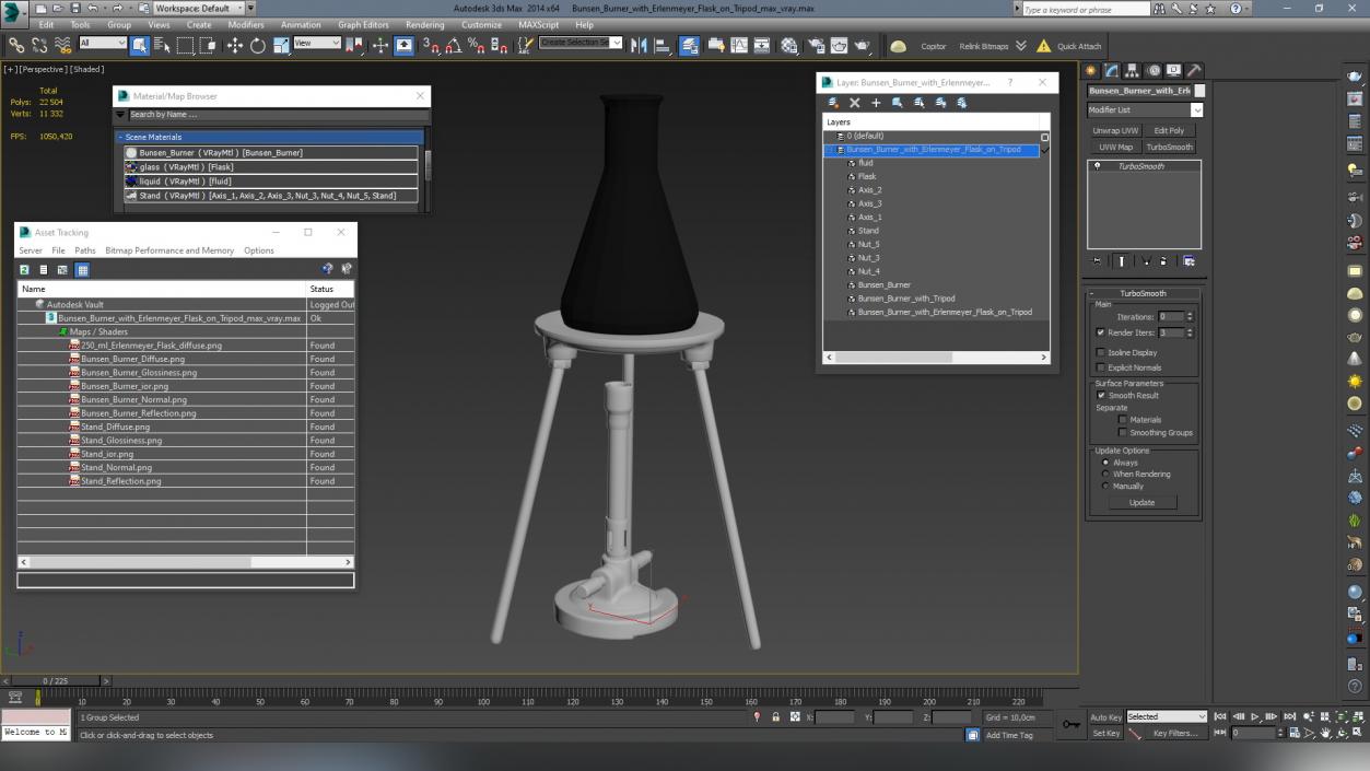 3D model Bunsen Burner with Erlenmeyer Flask on Tripod