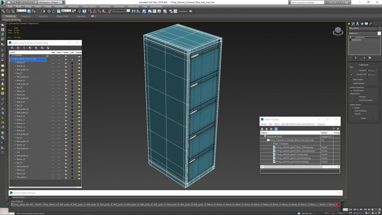 3D Filing Cabinet 5 Drawer Blue model