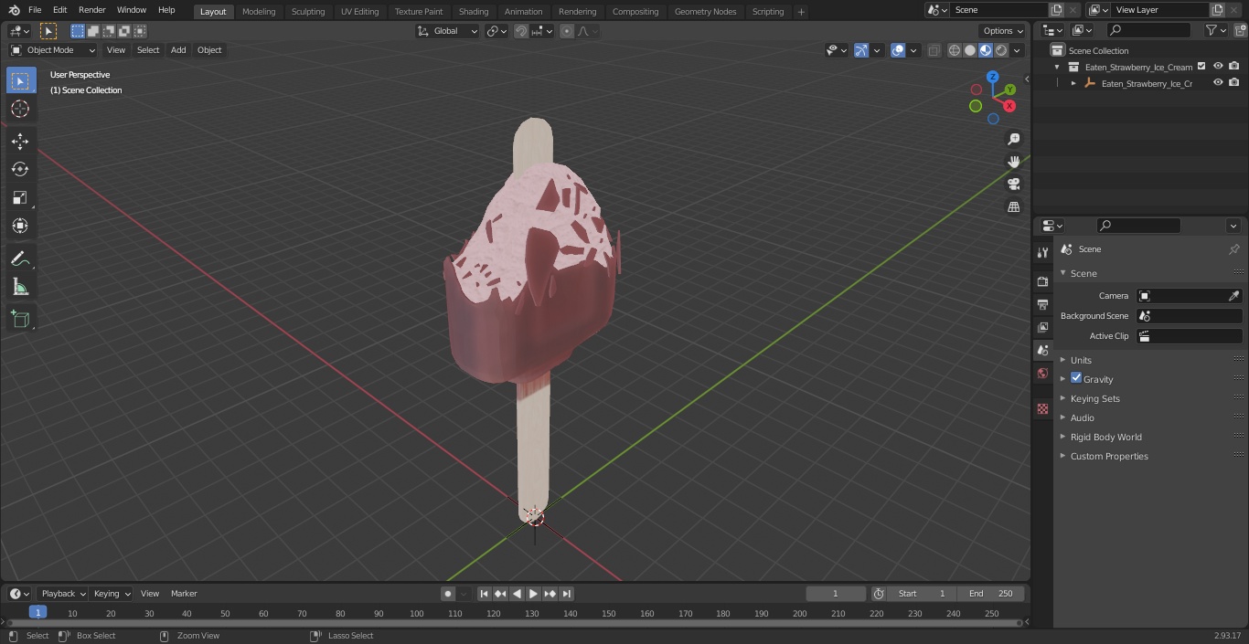 3D model Eaten Strawberry Ice Cream Bar Dipped in Chocolate