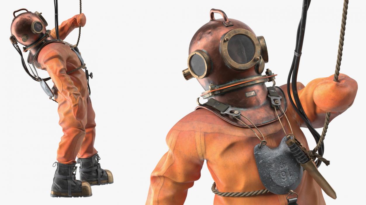 3D Old Copper Diving Suit and White Shark model