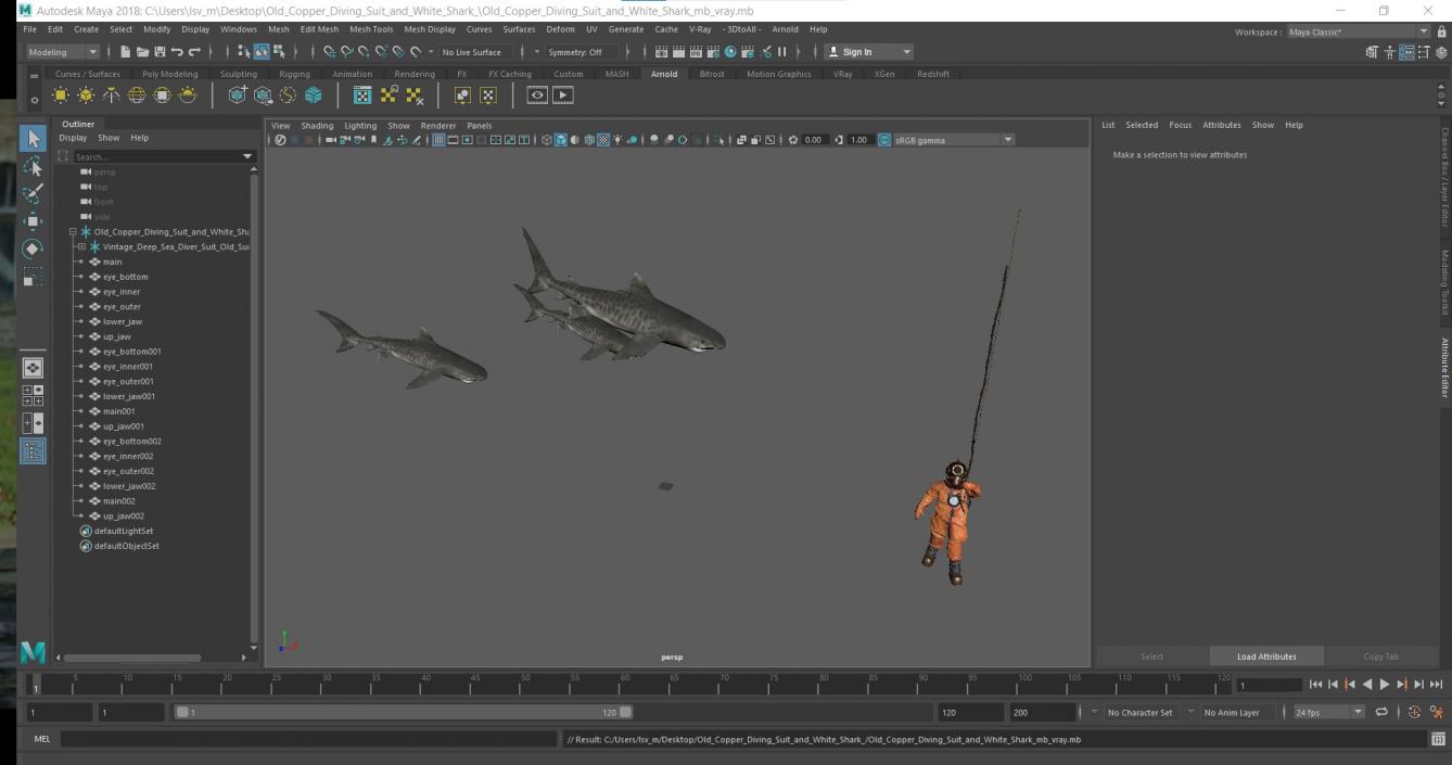 3D Old Copper Diving Suit and White Shark model