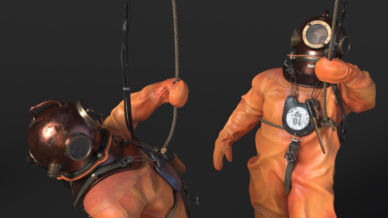 3D Old Copper Diving Suit and White Shark model