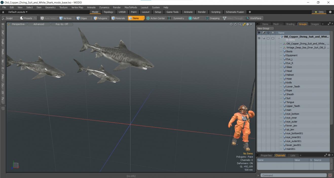 3D Old Copper Diving Suit and White Shark model