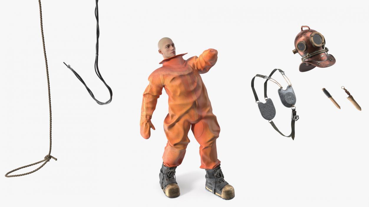 3D Old Copper Diving Suit and White Shark model