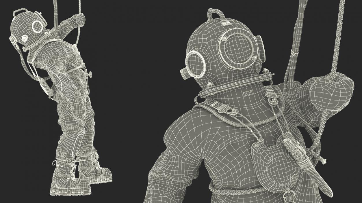 3D Old Copper Diving Suit and White Shark model