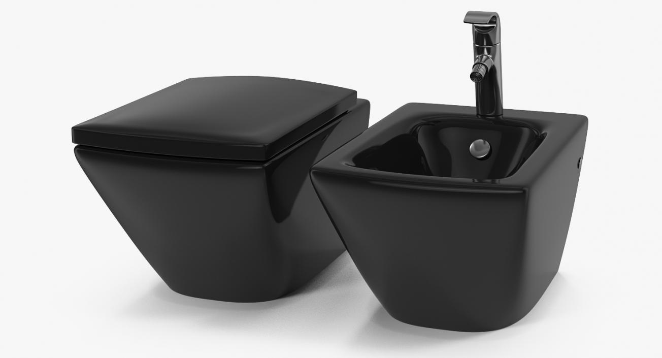 Back To Wall Modern Toilet and Bidet Black 3D