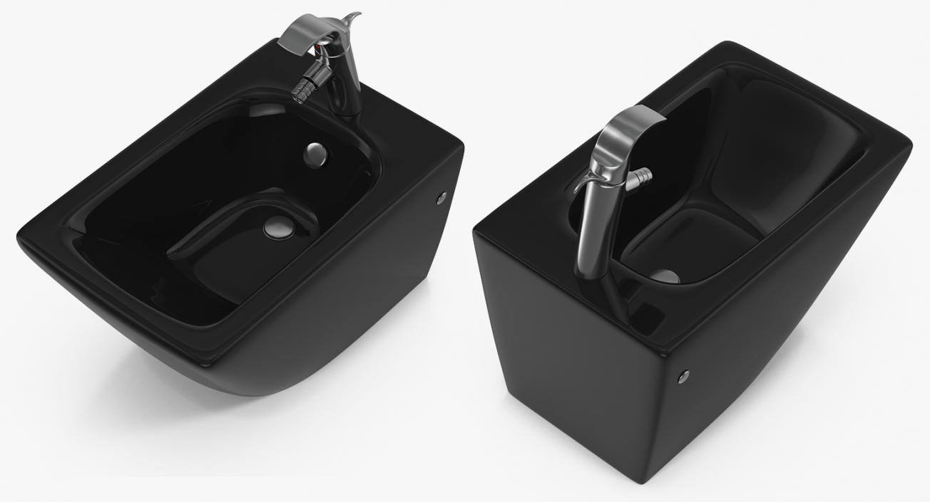 Back To Wall Modern Toilet and Bidet Black 3D