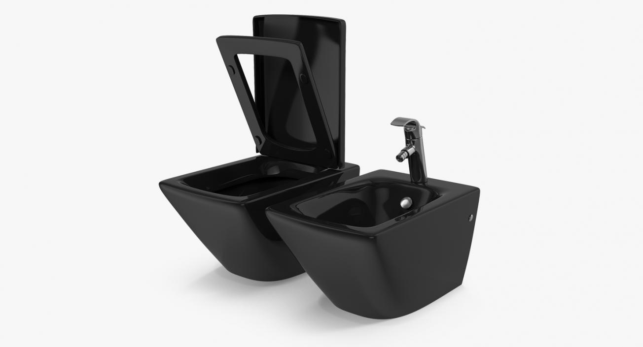 Back To Wall Modern Toilet and Bidet Black 3D