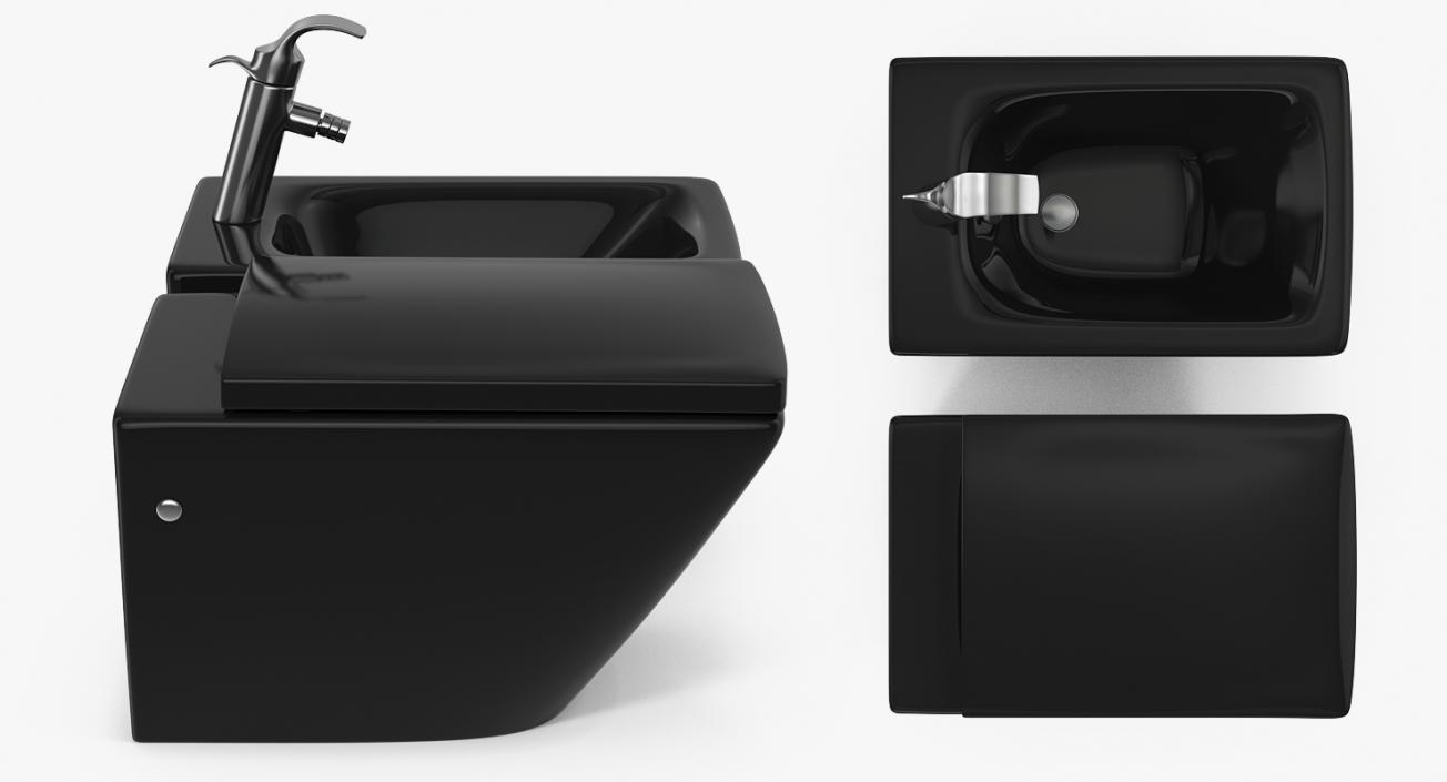 Back To Wall Modern Toilet and Bidet Black 3D