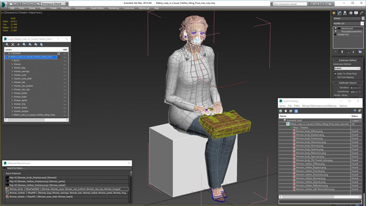 Elderly Lady in Casual Clothes Siting Pose 3D