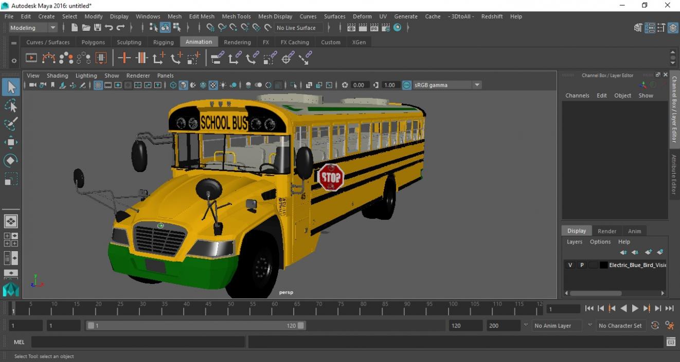 3D Electric Blue Bird Vision School Bus