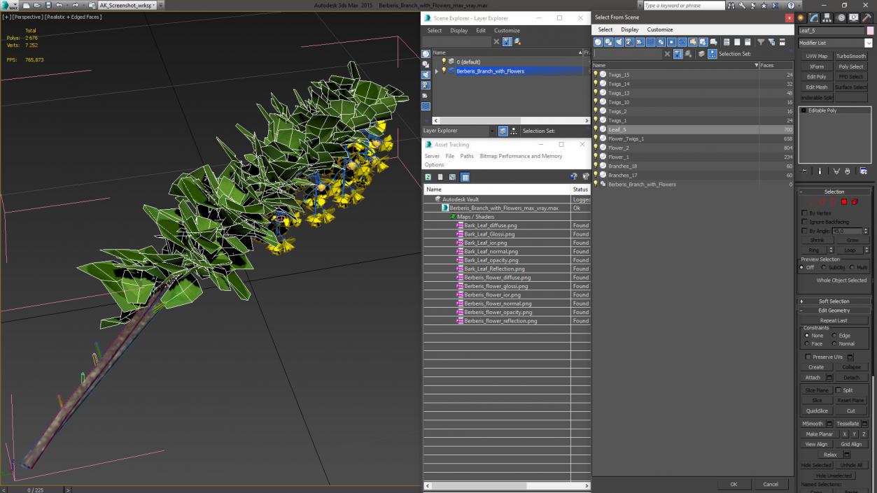 3D Berberis Branch with Flowers model