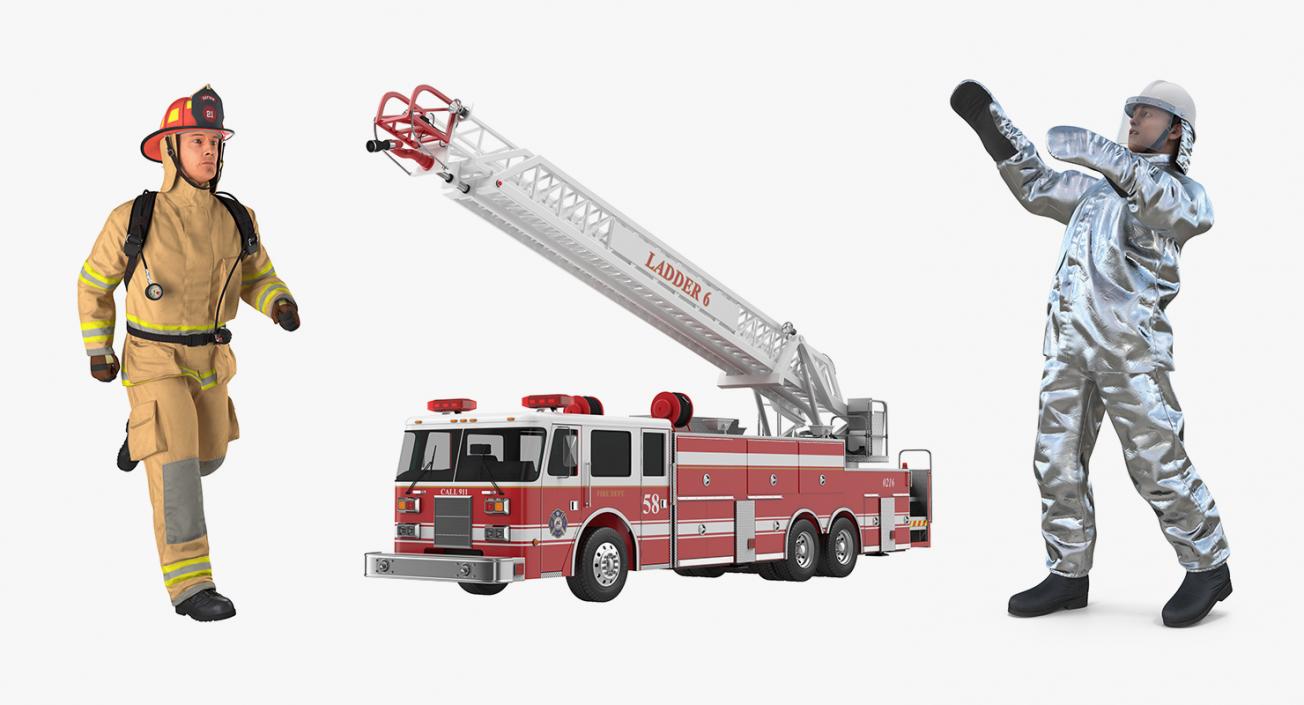 Rigged Ladder Fire Truck and Firefighters Collection 3D