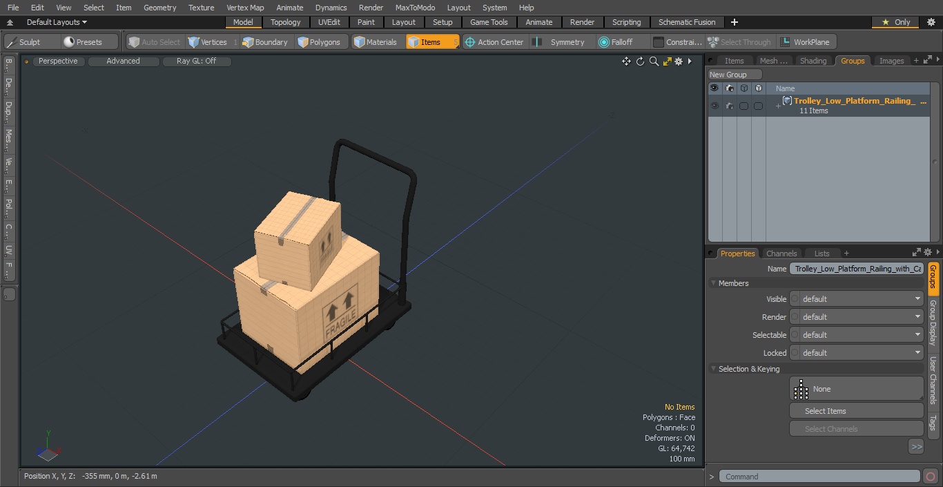 Trolley Low Platform Railing with Cardboard Boxes 3D model