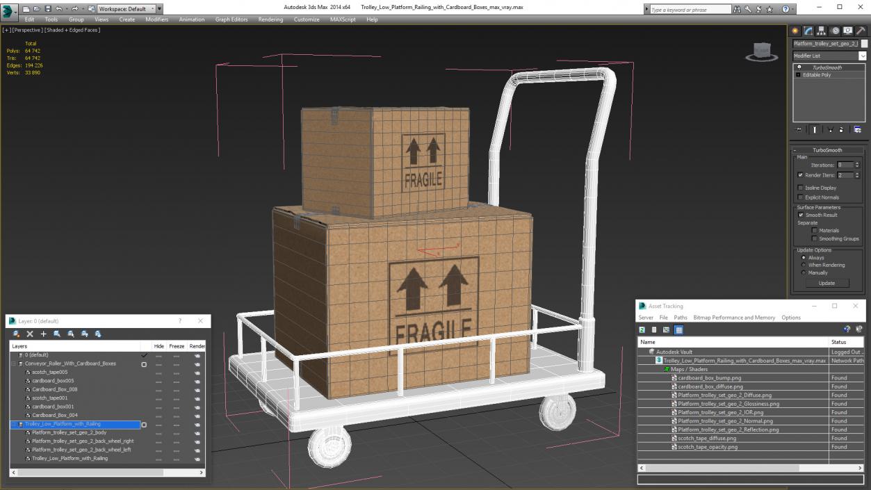 Trolley Low Platform Railing with Cardboard Boxes 3D model