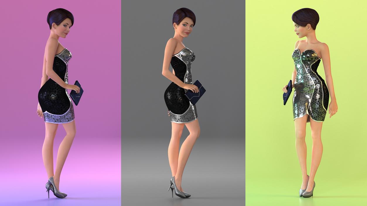 3D Cartoon Woman Party Clothes Standing Pose