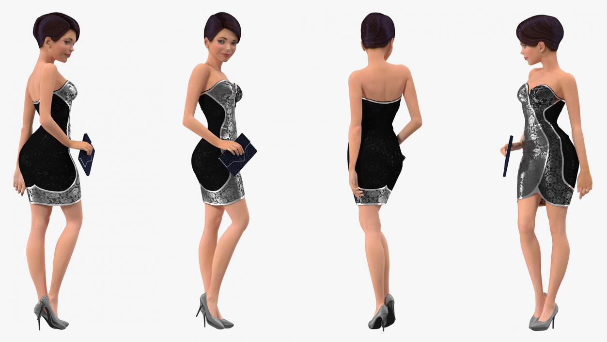 3D Cartoon Woman Party Clothes Standing Pose