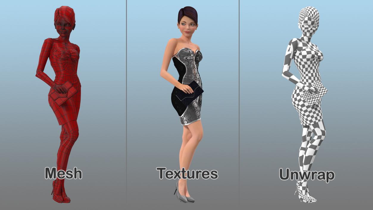 3D Cartoon Woman Party Clothes Standing Pose