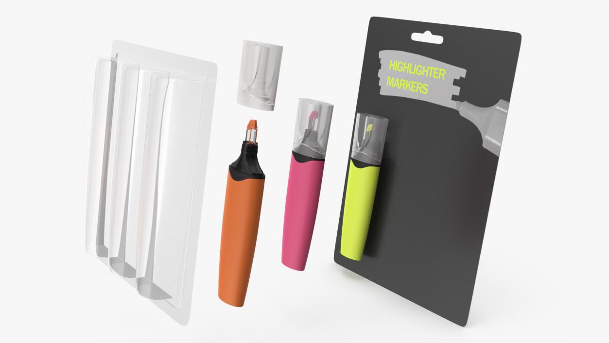 3 Highlighter Markers with Package 3D model