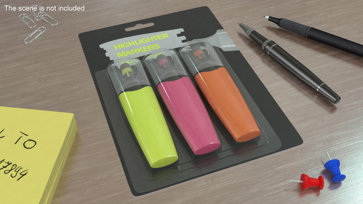 3 Highlighter Markers with Package 3D model