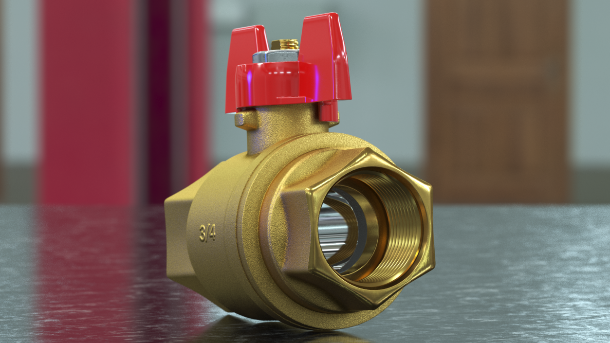 3D Ball Valve with Red Butterfly Handle