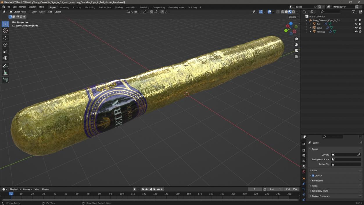 3D Leira Long Cannabis Cigar in Foil model