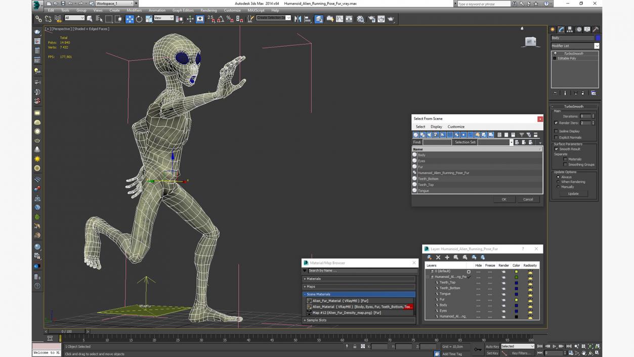 3D Humanoid Alien Running Pose Fur