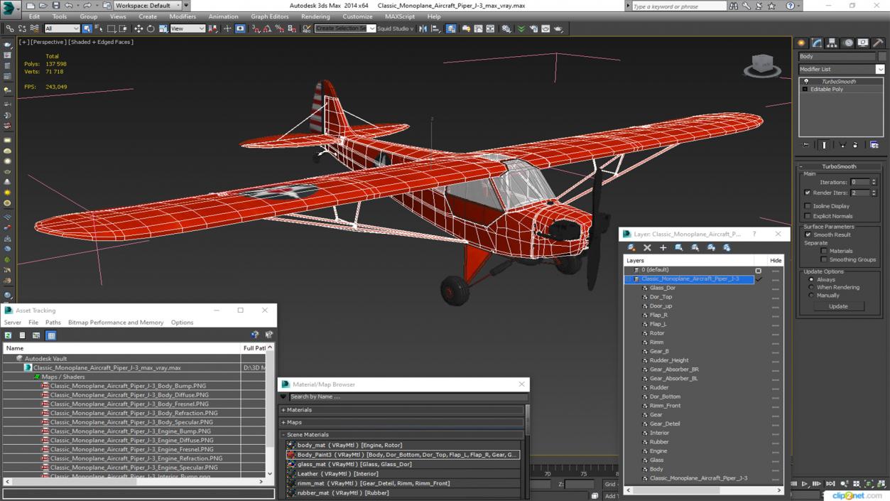 3D Classic Monoplane Aircraft Piper J-3