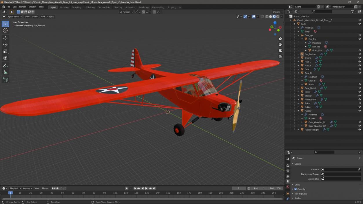 3D Classic Monoplane Aircraft Piper J-3