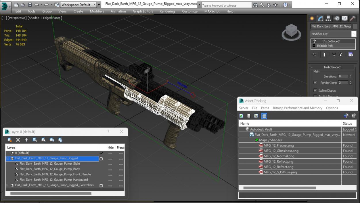 Flat Dark Earth MFG 12 Gauge Pump Rigged for Cinema 4D 3D model