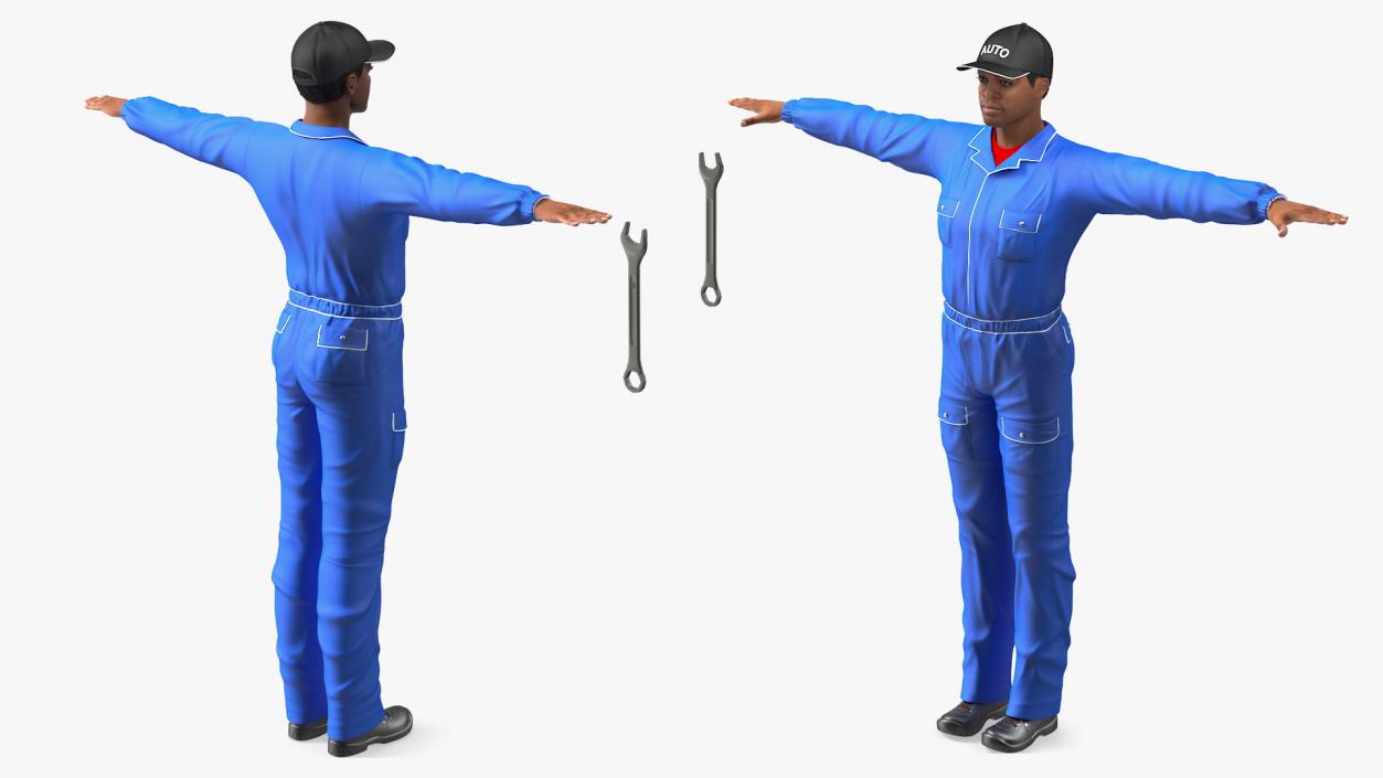 3D Light Skin Black Car Mechanic T Pose