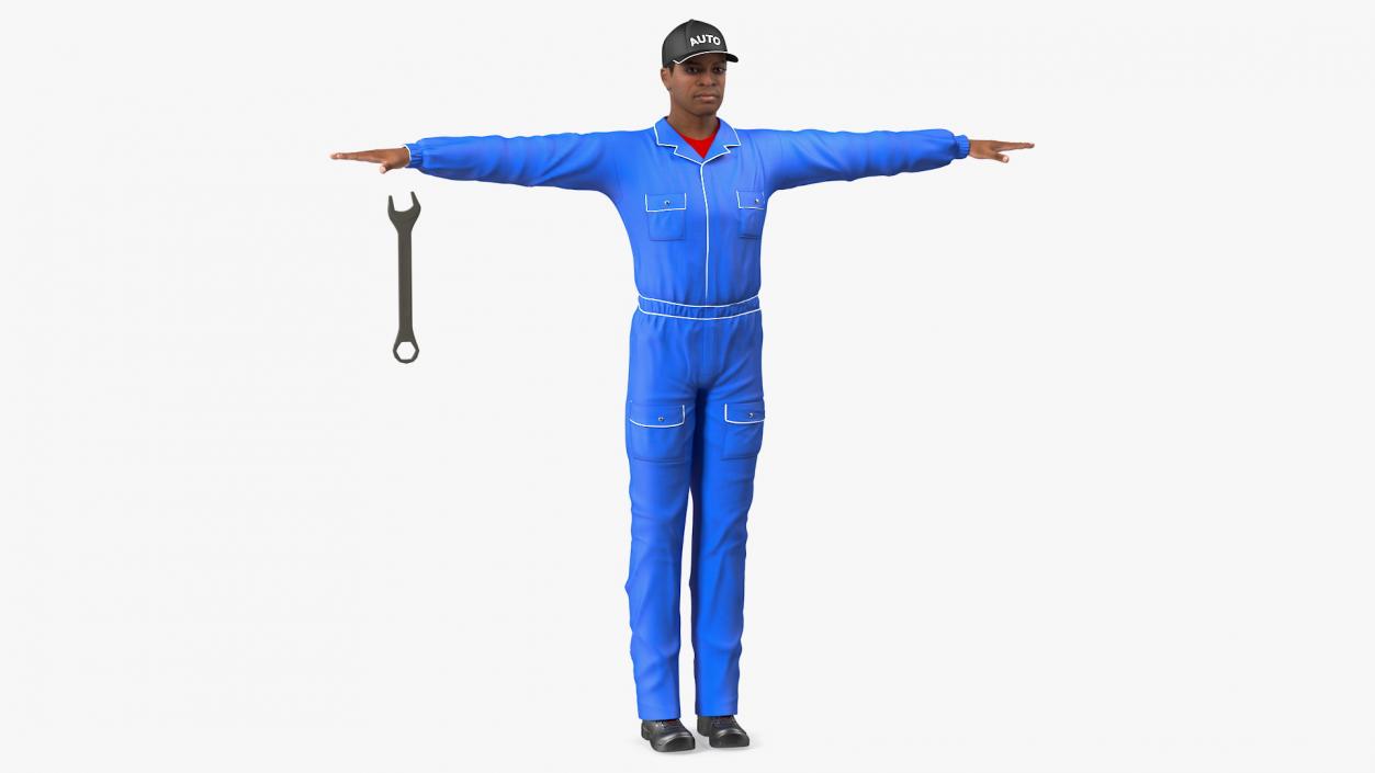 3D Light Skin Black Car Mechanic T Pose