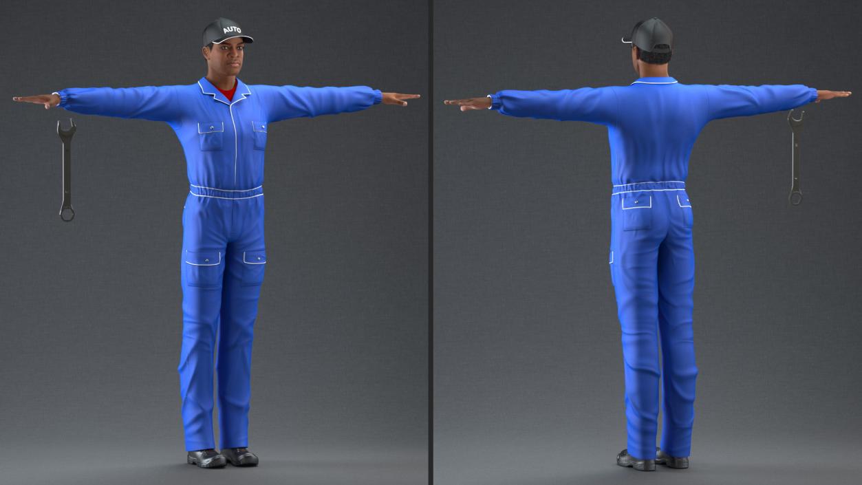 3D Light Skin Black Car Mechanic T Pose